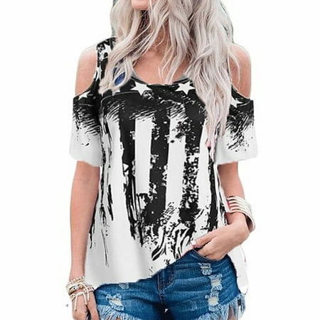 

Women Short Sleeve Off Shoulder O-Neck Independence Day Printing Casual Tops