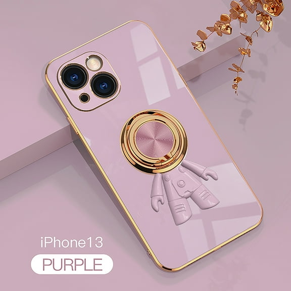 Allytech Compatible For iPhone 13 Case,Shockproof Hidden Gold Stylish Plating Finger Magnetic Car Holder Cute 6D Cartoon Astronaut Ultra Slim Back Cover.For iPhone 13,Purple
