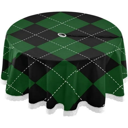 

Hyjoy 60 Vintage Green Black Plaid Outdoor Round Tablecloth Waterproof Stain-Resistant Non-Slip Circular Tablecloth with Umbrella Hole and Zipper for Tabletop Backyard Party BBQ Decor