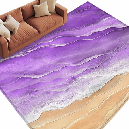 Area Rug 72&times;108in Purple Beige Ocean Waves Floor Carpet Living Room Rug Beach Stripe Water Ripple Non-Slip Welcome Mat Indoor Rugs for Bedroom Dining Room