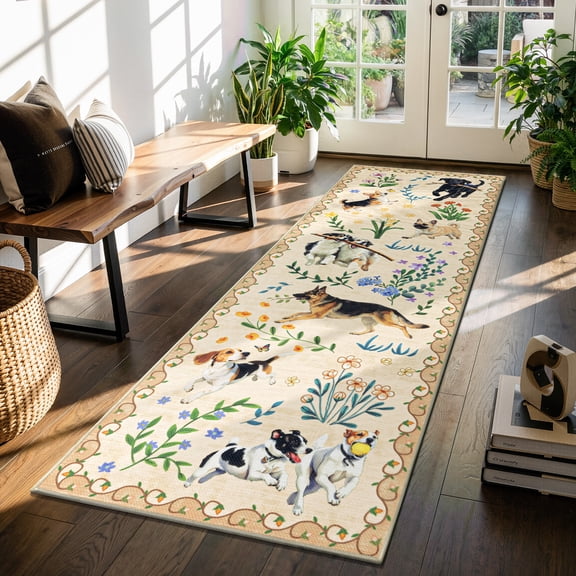 MJIAexp 2'x6' Jute Animal Dog Floral Kitchen Runner Rug,Woven Texture Machine Washable Runner Rug Non-Slip Rubberback Hallway Runner Laundry Rug Throw Carpet for Living Room Bedroom Dining Room Entry