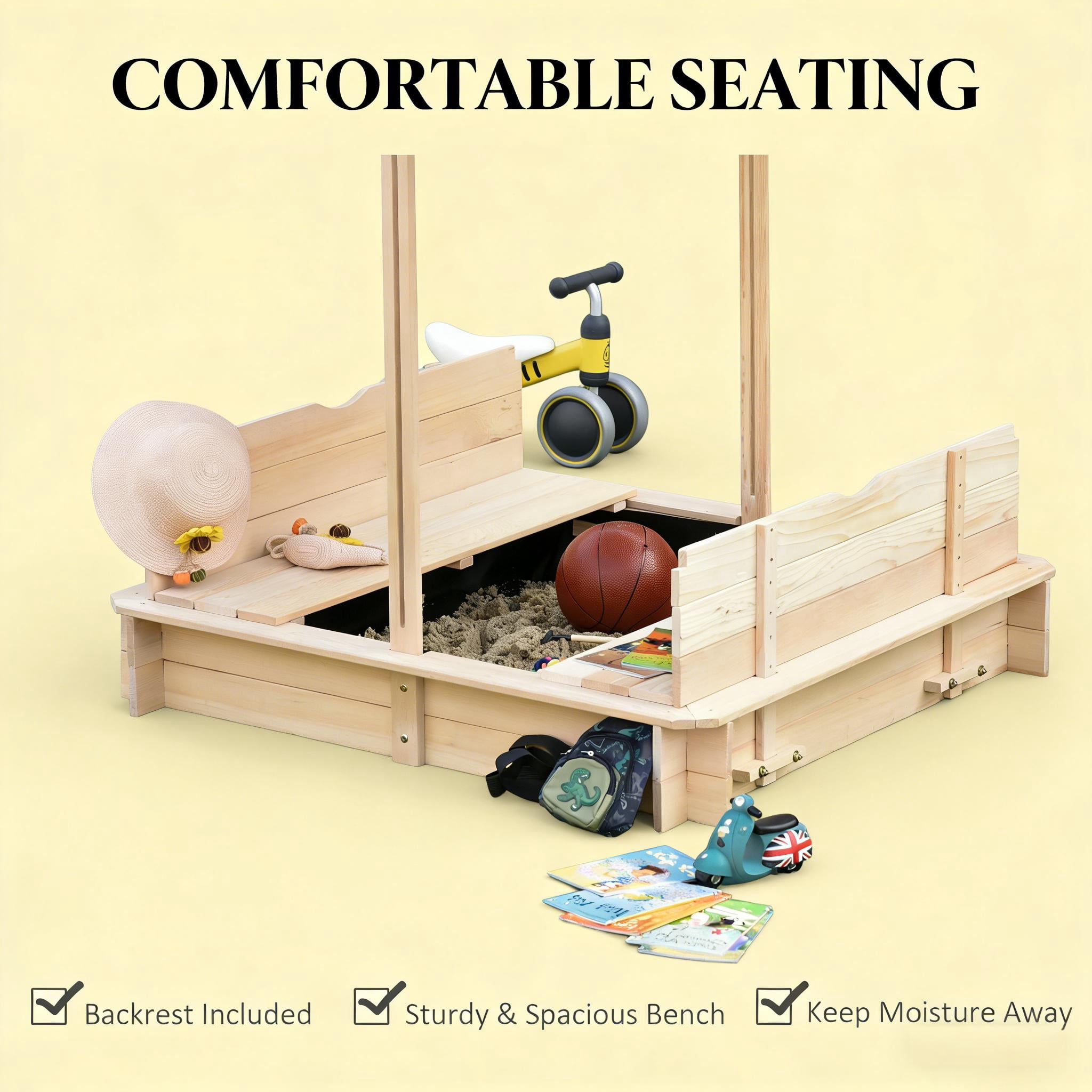 Kids Wooden Sandbox with Adjustable Height & Angle Canopy, Foldable Backrest Bench, Detachable Seats, Non-Woven Bottom Liner, Outdoor Children Sand Play Station for Backyard, Ages 3-7