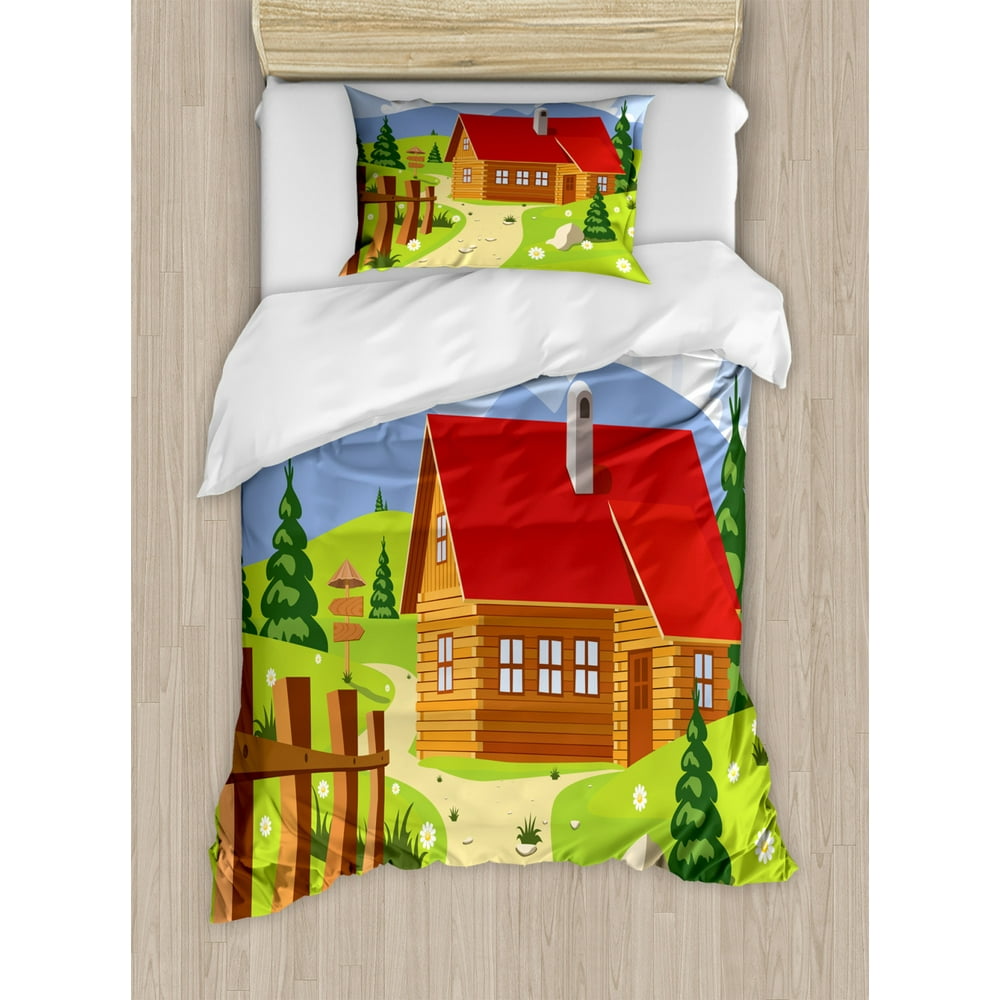 Log Cabin Duvet Cover Set Twin Size, Chalet Illustration in Mountainous