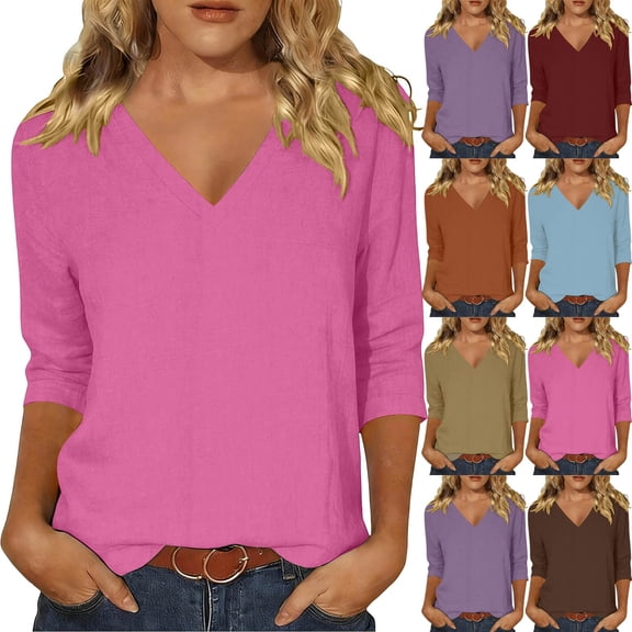 Tbopshirt Womens Blouses Summer Tops for Women Fashion Shirt V Neck Regular Solid Color Top 3/4 Sleeve Shirt,Coffee