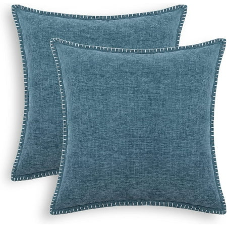 

Throw Pillow Cases CaliTime Pack of 2 Cotton Thread Stitching Edges Solid Dyed Soft Chenille Cushion Covers for Couch Sofa Home Farmhouse Decoration 16x16 Inches Smoke Blue