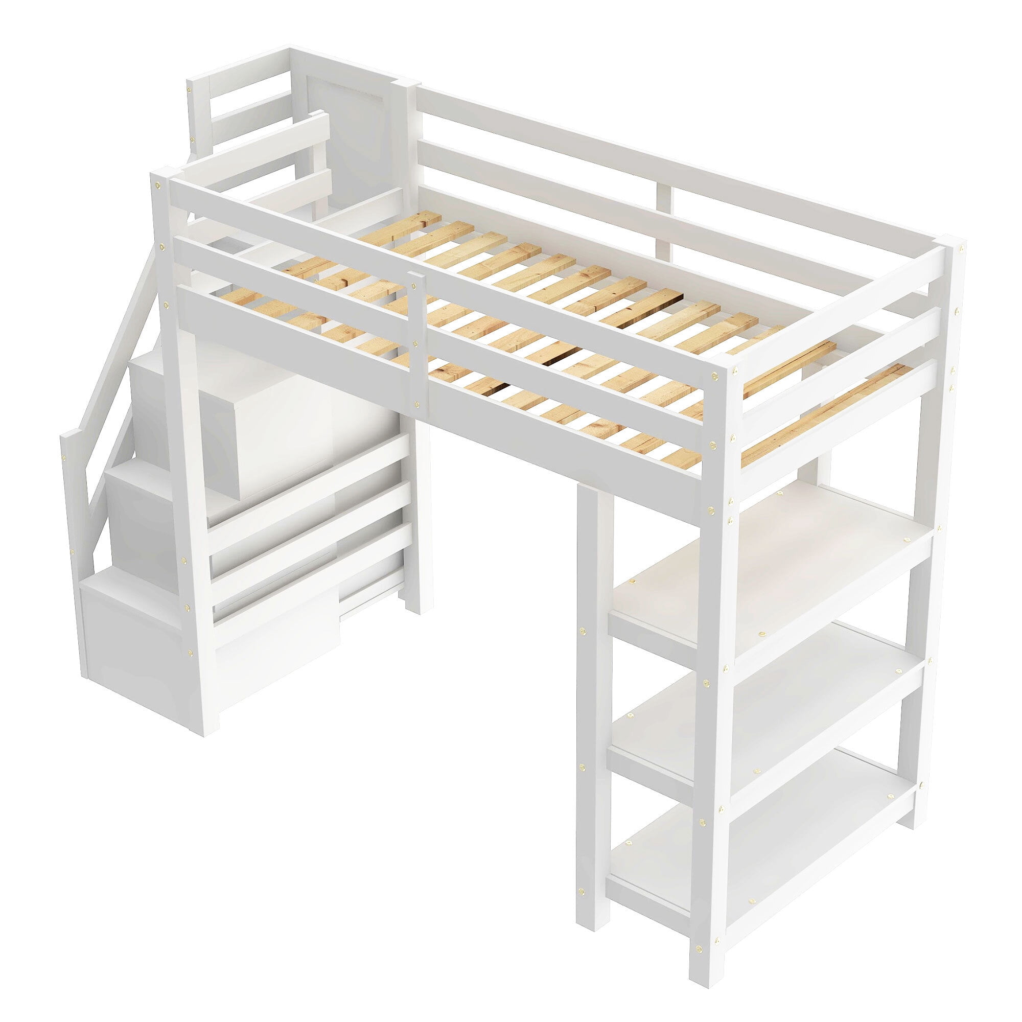 Euroco Wood Twin Size Loft Bed with Storage Staircase and Shelves, LED Light and Wardrobe for Kids, White