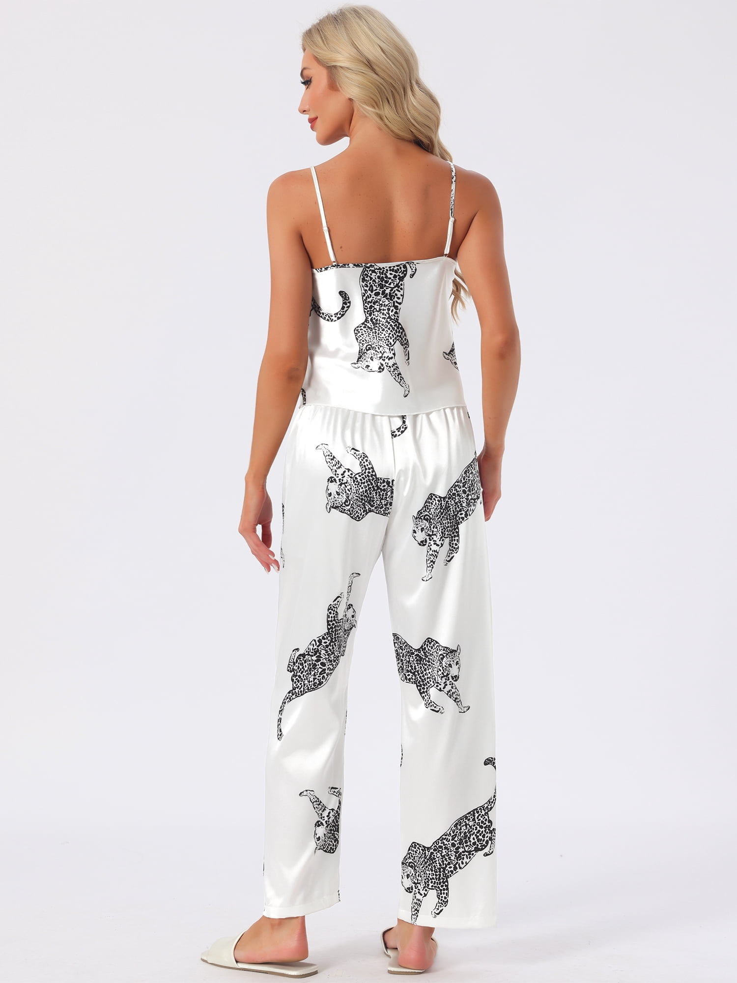 DARING DIVA Women's Leopard Satin Silky Soft V Neck Spaghetti Pants Pajama Set XL White