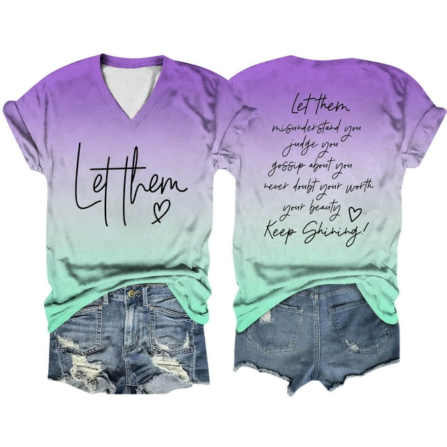 WEIYLL T Shirts for Women Double Letter Gradient Printed Short Sleeved V Neck Purple Tops Sizes S