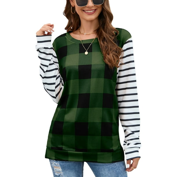 Sudadera para mujer Sudadera a cuadros para mujer Sudadera con empalme de mangas a rayas para mujer Sudadera con empalme de mangas a rayas para mujer Rendimiento solido Walmart en linea