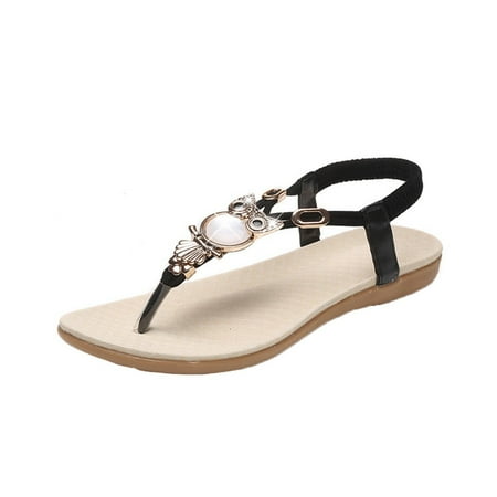 

Ykohkofe Women Rhinestone Bohemia Owl Sweet Sandals Clip Toe Sandals Beach Shoes Black 6