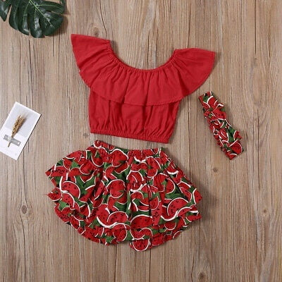 Toddler Baby Girl Kids Off Shoulder Crop Tops Ruffled Watermelon Print Shorts Headband