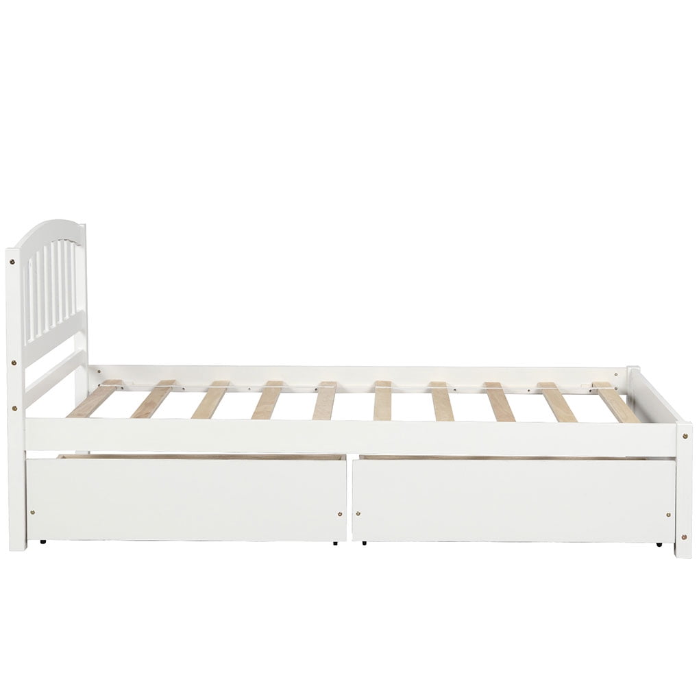 Home Twin Platform Storage Bed Wooden Slatted Bed Frame with 2 Drawers and Headboard White
