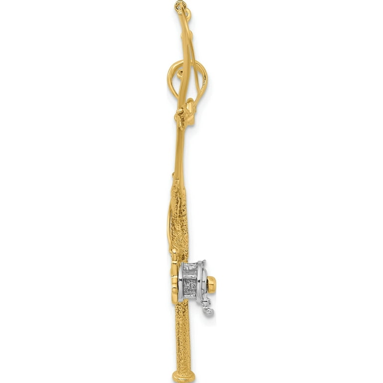 14K Yellow & Rhodium With 3-D Moveable Fishing Pole Reel Charm (70.55 X 17)  Made In United States k9051 