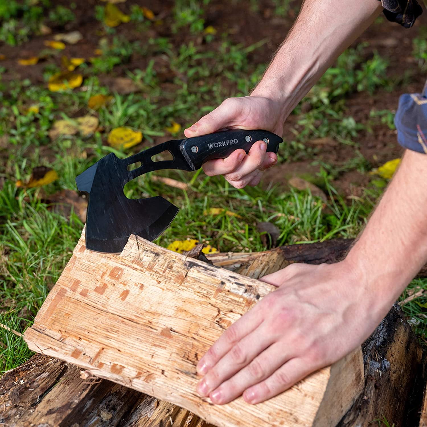 WORKPRO 10-inch Axe and 13-inch Fixed Blade Knife Combo Set, Blade Length 4.75-inch & 7.75-inch, Full Tang, Wood Handle, Nylon Sheath Included-Black