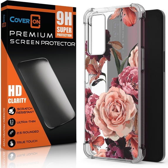 CoverON Phone Design For T-Mobile Revvl V+ 5G / Metro by TMobile Revvl V Plus Case and Screen Protector Tempered Glass, Clear Slim TPU Cover, Purple Flower