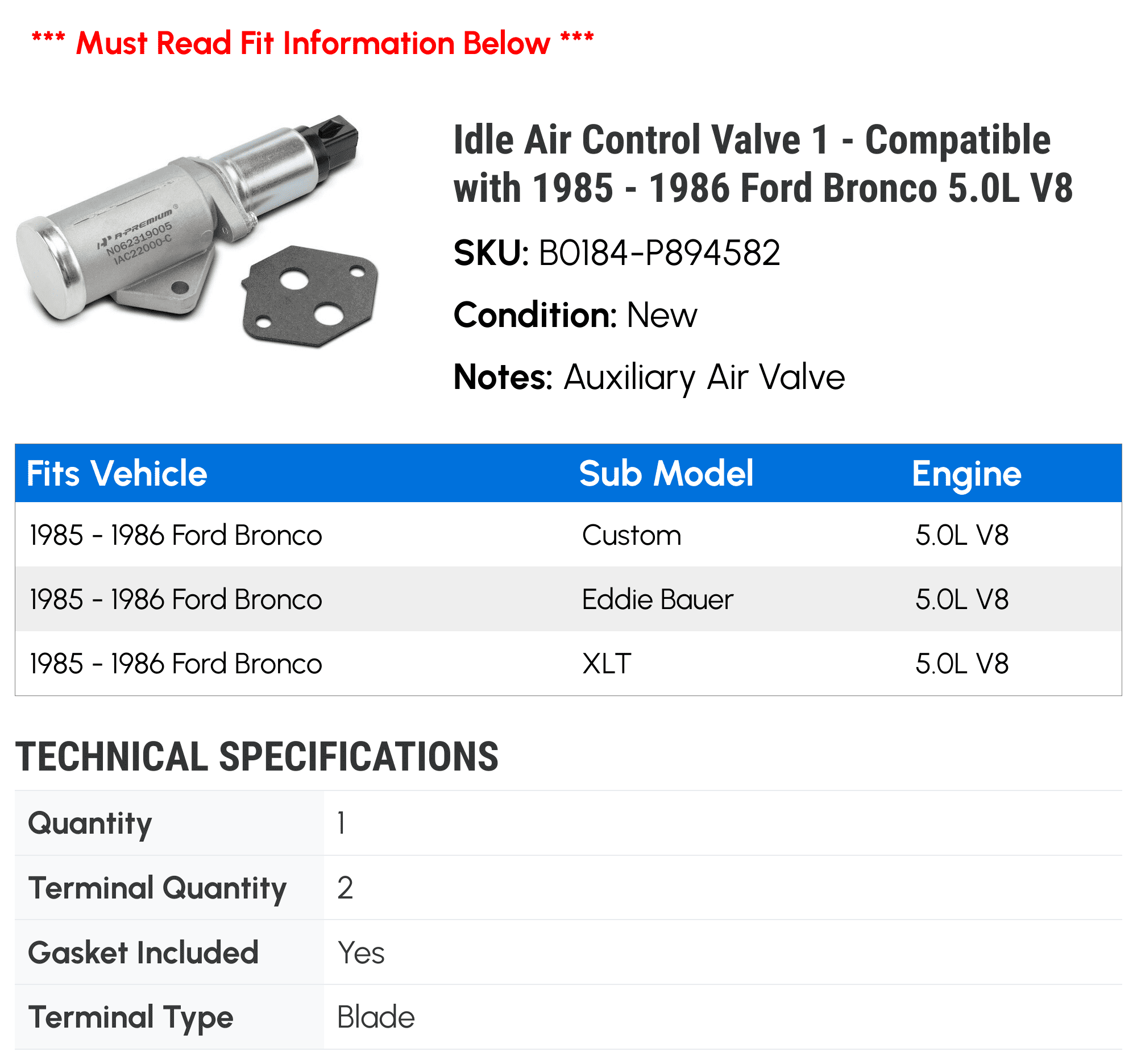Idle Air Control Valve 1 - Compatible with 1985 - 1986 Ford Bronco 5.0L V8 - Autopart Premium
