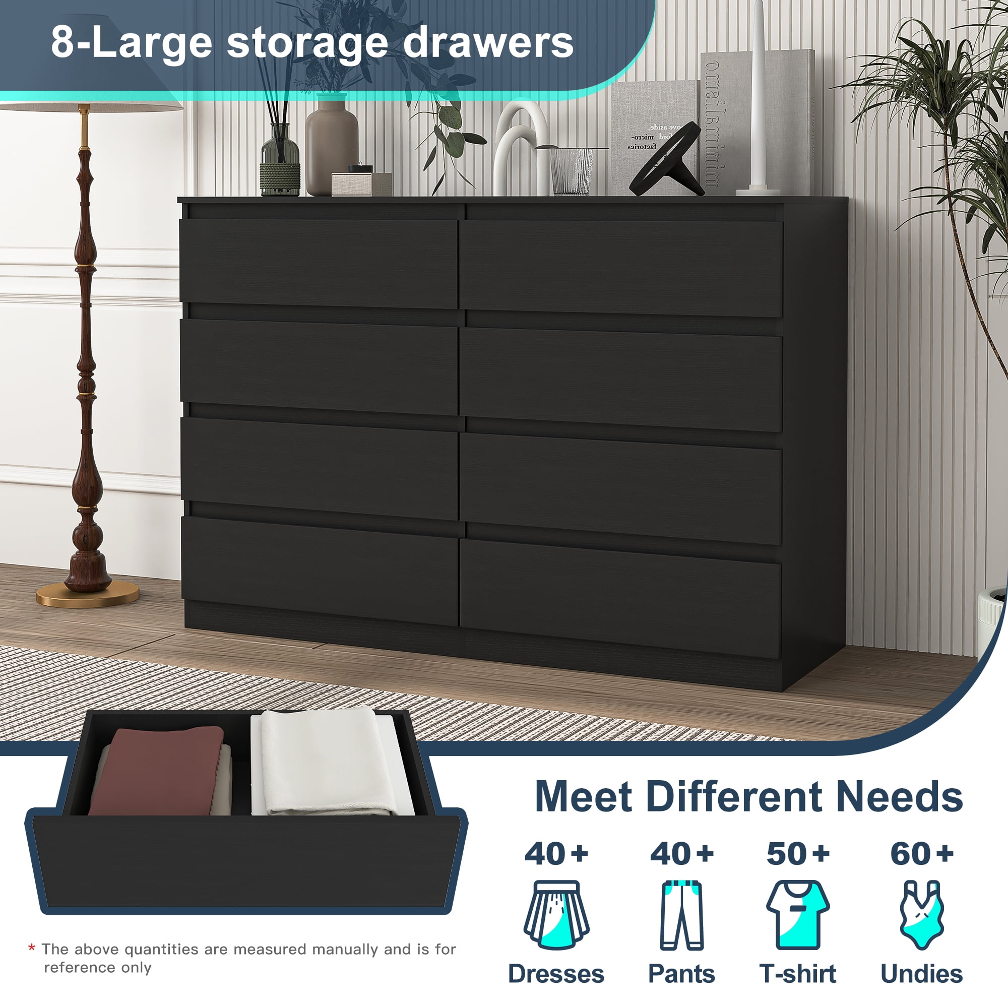 Finihen 8 Drawer Double Dresser, Modern 8 Chest of Drawers with Deep Drawers, Wide Storage Organizer Cabinet for Living Room, Kids, Black Finihen 8 Drawer Double Dresser, Modern 8 Chest of Drawers with Deep Drawers, Wide Storage Organizer Cabinet for Living Room, Kids, Black