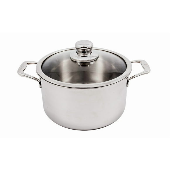 Olla holandesa Swiss Diamond Premium revestida de acero inoxidable de 5 capas de 6.7 cuartos con tapa incluida y acabado exterior satinado Olla para sopa compatible con inducción de 9.5 pulgadas - Apt