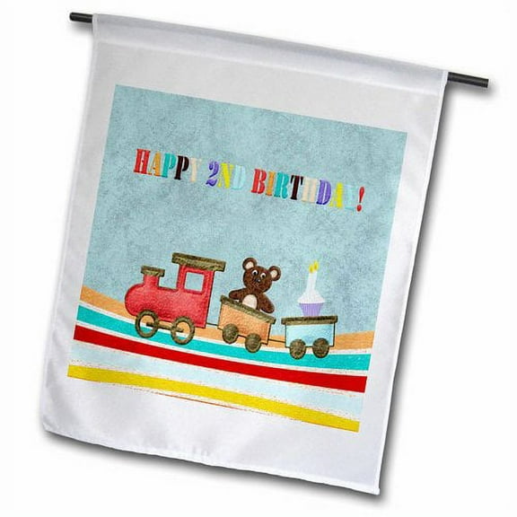 3dRose, Baby Bear Riding on a Train, Colorful Design, Happy 2nd Birthday, 12 x 18 inch Garden Flag