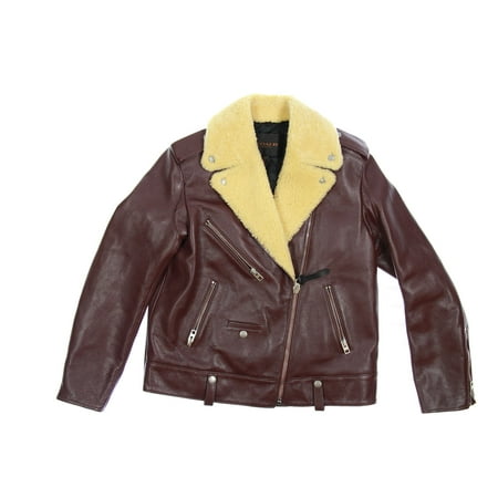 Shearling Leather Coat - Coach 'Boys Biker Jacket' Women's Shearling Leather Jacket (Large, Burgundy)