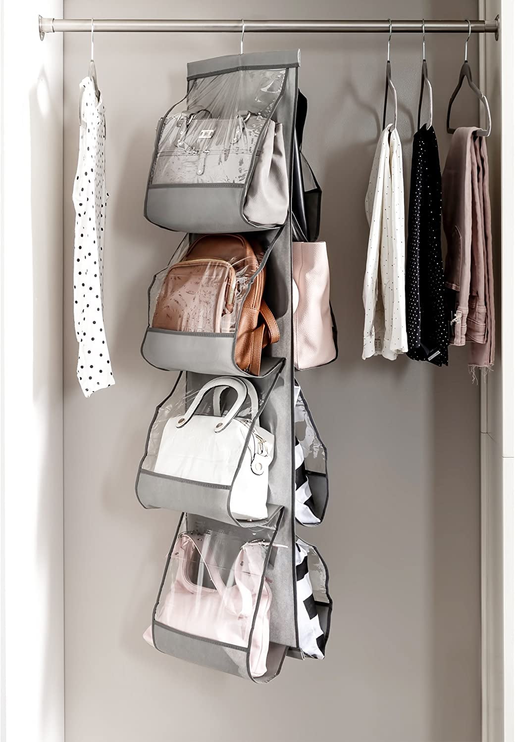 shoe racks for closets walmart on Zober Hanging Purse Organizer For Closet Clear Handbag Organizer For Purses Handbags Etc 8 Easy Access Clear Vinyl Pockets With 360 Degree Swivel Hook Gray 47 L X 12 W Walmart Com Walmart Com