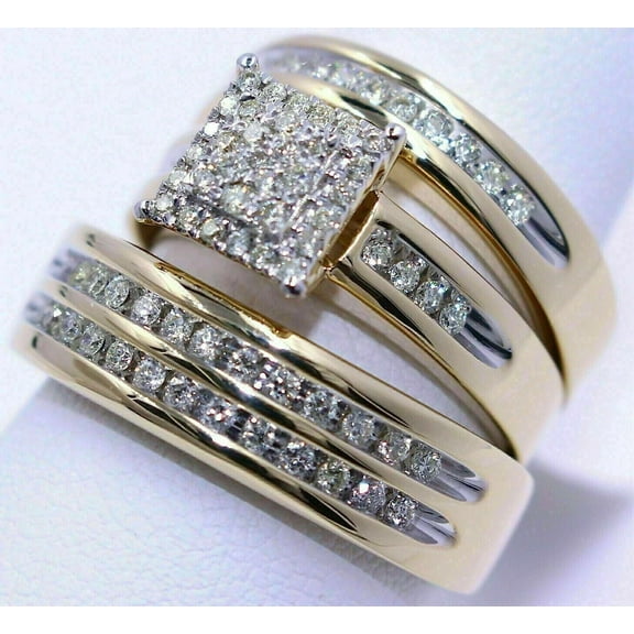 Bluebell Jewels Trio Set 14K Yellow Gold Over His Hers Wedding Trio Ring Set Round Cut CZ