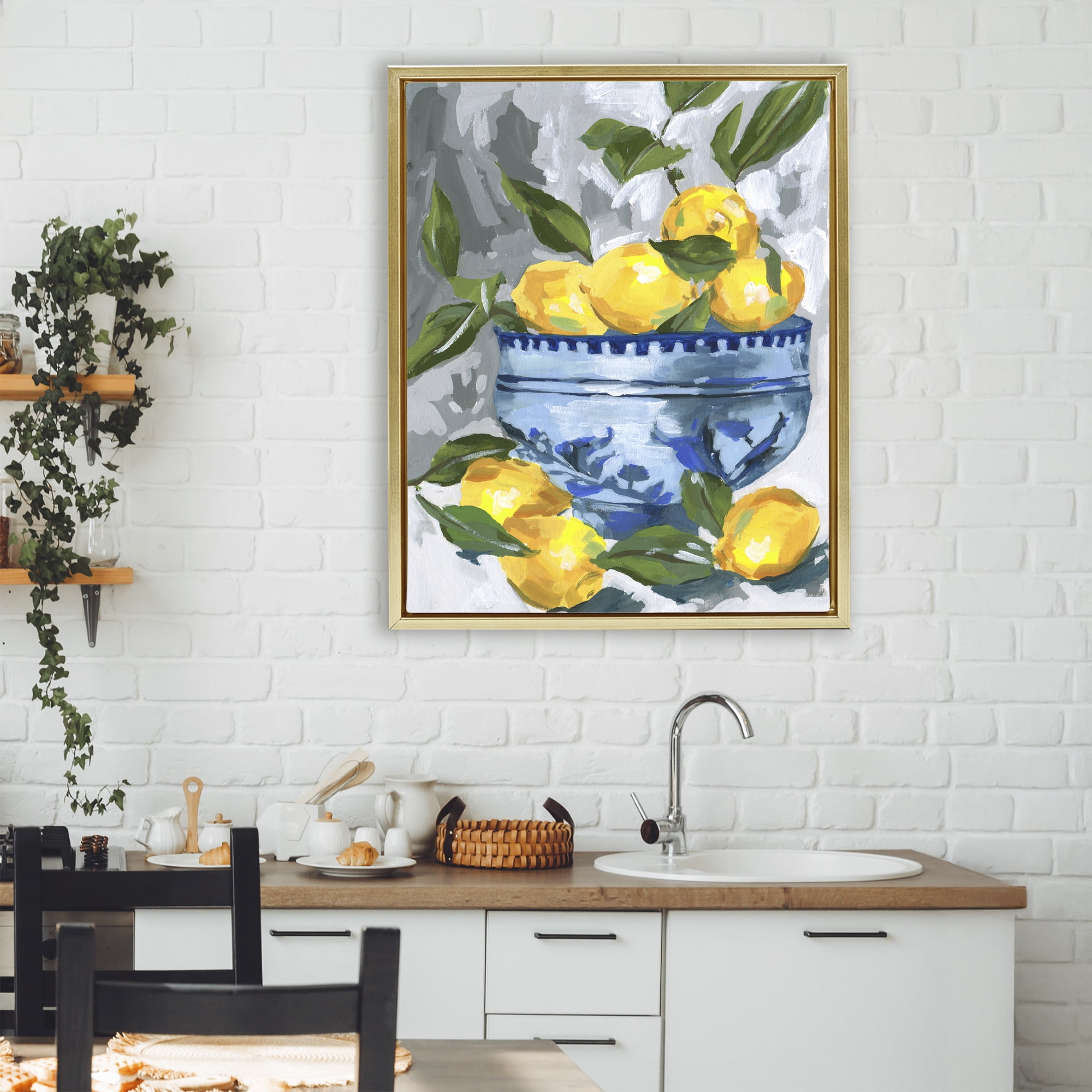 Stupell Industries Indigo & Lemon Bowl Gold Framed Floater Canvas Wall Art, design by Melissa Wang