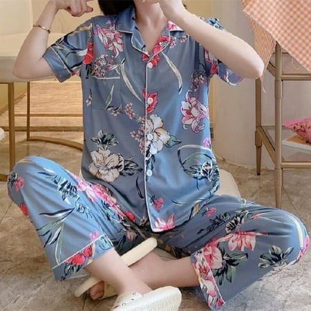 

DanceeMangoo New Sale Women Home Wear Summer Short Sleeved Women Pajamas Set Long Pant Pyjamas Sets Cotton Leisure Sleepwear Set
