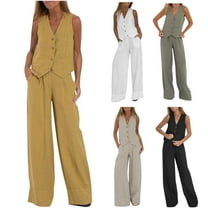 Lolmot Cotton Linen Outfits for Women 2 Piece Set Summer Vacation Outfits Button Down Vest & Wide Leg Pants Suit Casual V Neck Waistcoat Blazer Matching Lounge Set