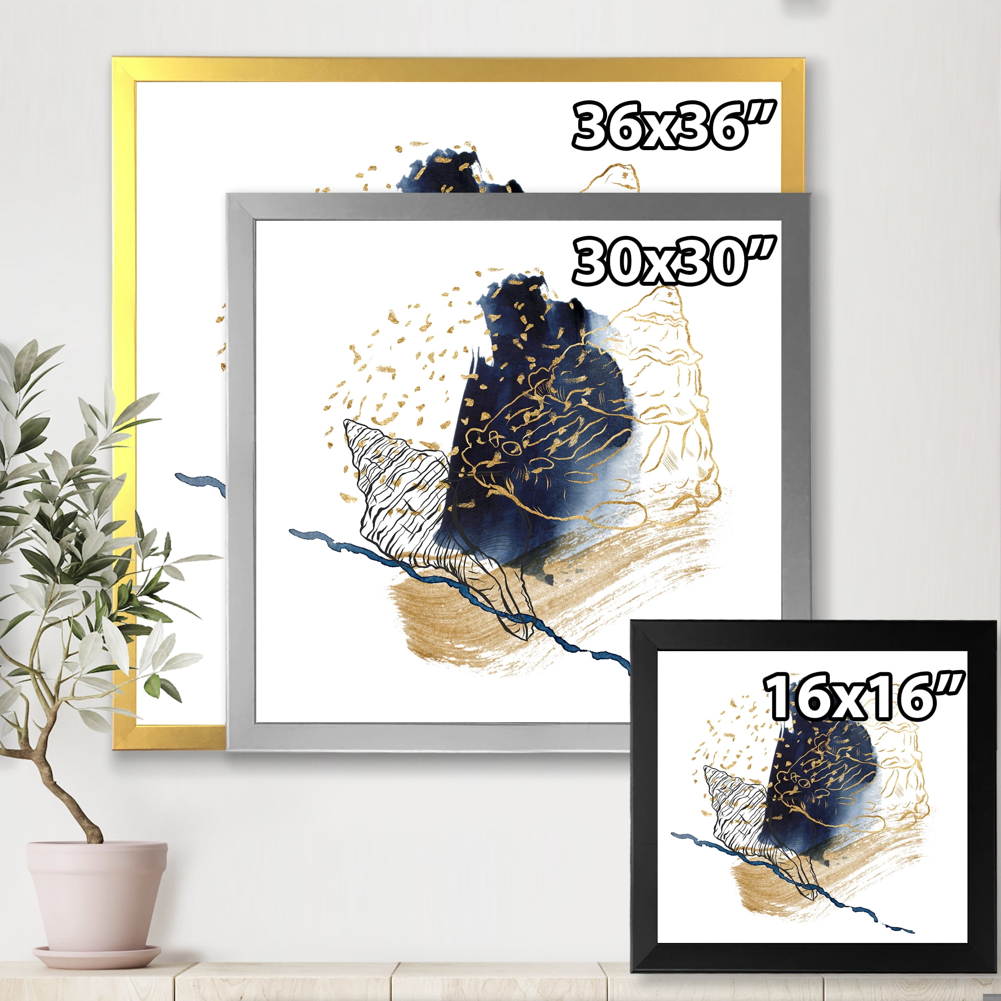 Designart 'Underwater Marine Life With Gold Shell Line Art' Farmhouse Framed Art Print