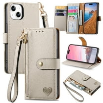 Mantto Zipper Wallet for iPhone 13,Durable PU Leather Heart Pattern Magnetic Clasp Folio RFID Blocking Credit Card Slots Flip Kickstand Shockproof Purse Phone Case with Wrist Strap,Gray