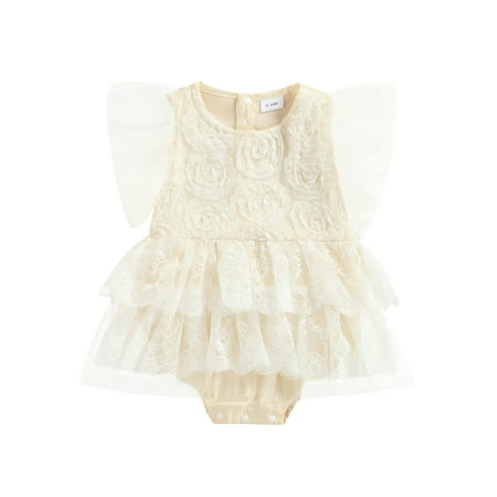 

Infant Baby Dress Romper Infant Toddler Mesh Fly Sleeve Flower Surface Solid Color Buttons