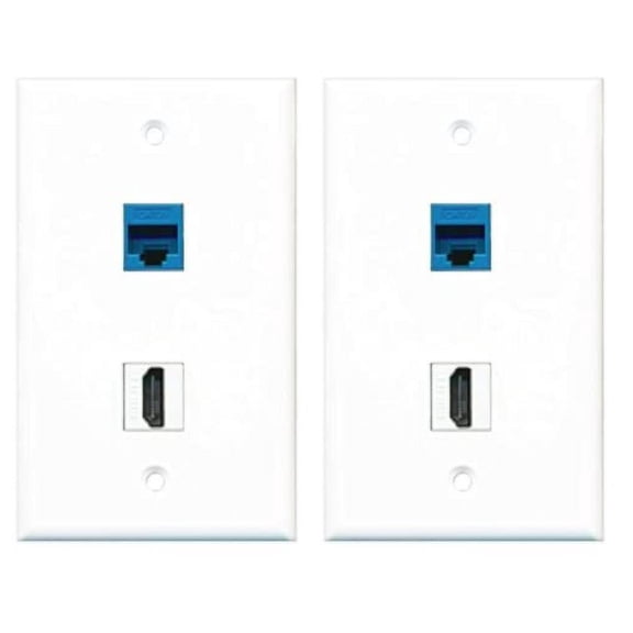 RiteAV - 1 Port HDMI 1 Port Cat6 Ethernet Blue Wall Plate - Bracket Included - 2 Pack