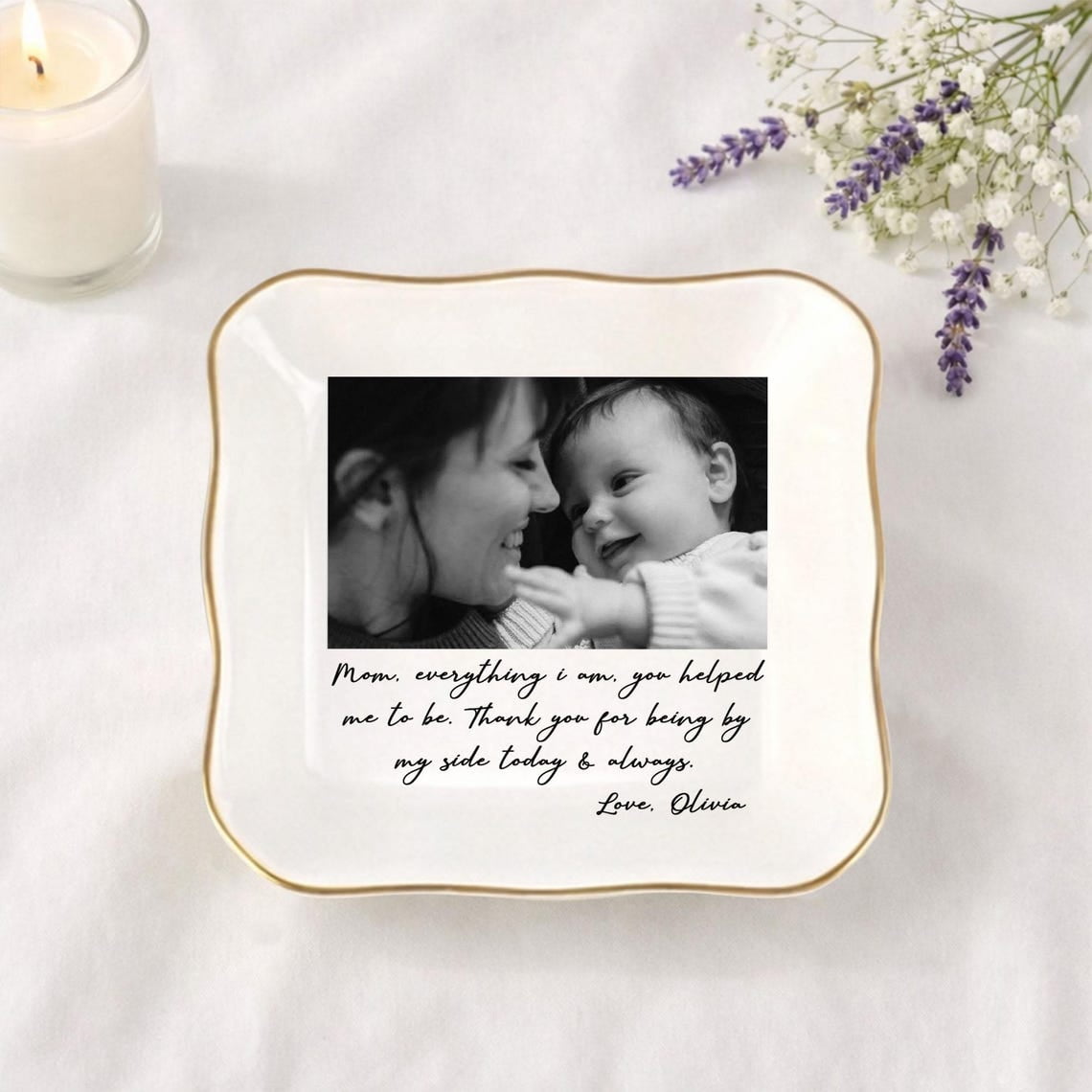 Personalized Photo Trinket Dish for Mom, Custom Jewelry Ring Dish, Mother’s Day Gift, Ceramic Keepsake Tray