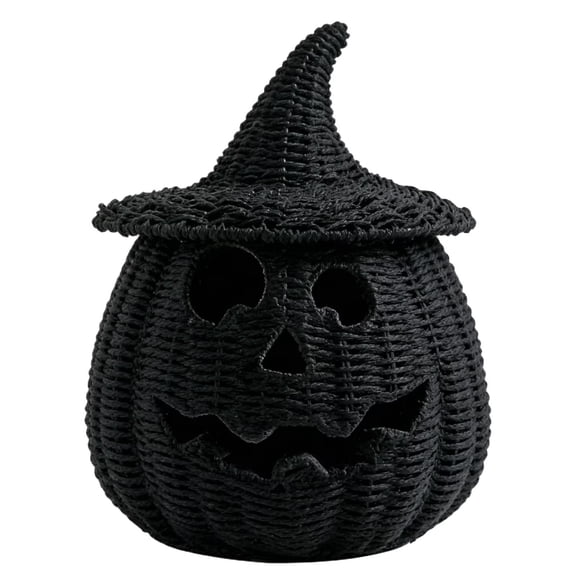 Halloween Woven Seagrass Pumpkin For Spooky Halloween Candy Storage And Home Decor, Black Handcrafted Witch Hat Woven Seagrass Pumpkin For Festive Parties, Premium Decorative Woven Seagrass Pumpkin