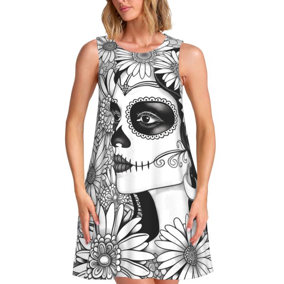 Naloa Floral Sugar Skull Portrait Print Women's Summer Spring Casual Beach Sundress,Vacation Sleeveless Tank Crewneck Loose Dresses