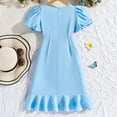 thumbnail image 4 of ZACPNCV Girls Dresses Short Sleeve Crewneck Puff Sleeve Cotton Summer Solid Color Dress Sky Blue 9-10 Years, 4 of 8