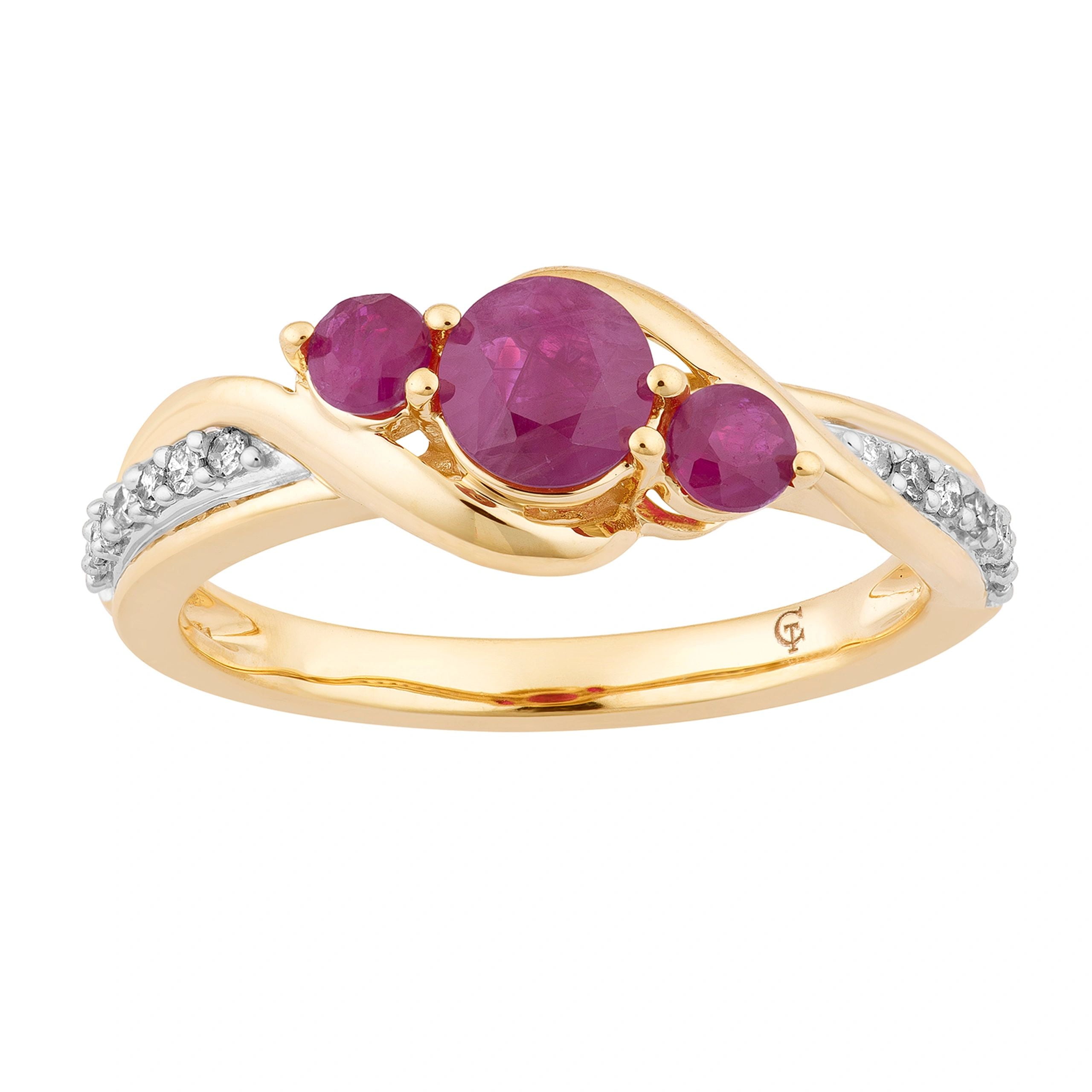 10k Gold Ruby & 1/10 Carat T.W. Diamond 3Stone Ring