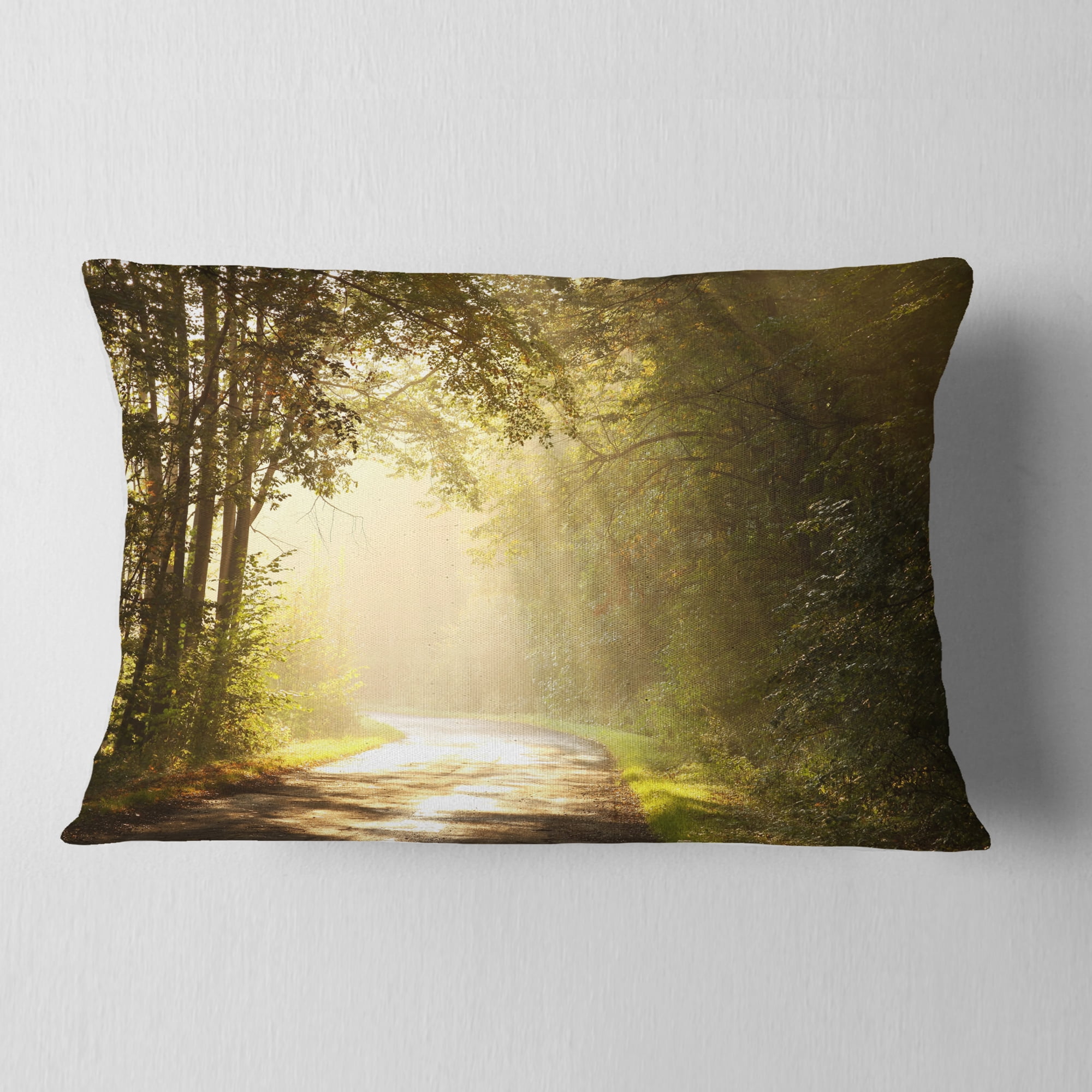 Designart Bright Sunlight in Fall Forest - Landscape Photo Throw Pillow - 12x20