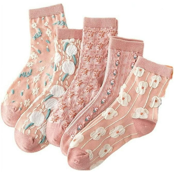 YooGuoGuo 5 Pairs Pink Floral 3D Textured Cotton Socks, Women Mid Tube Cottagecore Lace Ruffles Ankle Sock, Kawaii Breathable Crew Sock