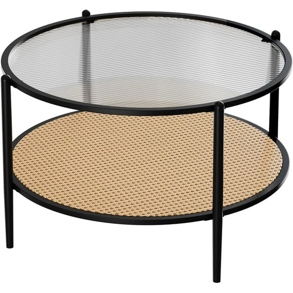 30" Round Coffee Table with 2-Tier Rattan Shelf & Water-Wave Glass Top, Boho End Table with Metal Frame for Living Room or Office