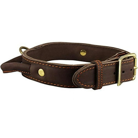Genuine Leather Dog Collar, Rolled Leather Handle Brown (Large: Neck: 18"-21")