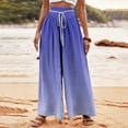 thumbnail image 2 of Olyvenn Women's Gradient Linen Pants Boho Print Elastic High Waisted Pants Casual Wide Leg Long Pant Trousers with Pockets Blue 10, 2 of 5