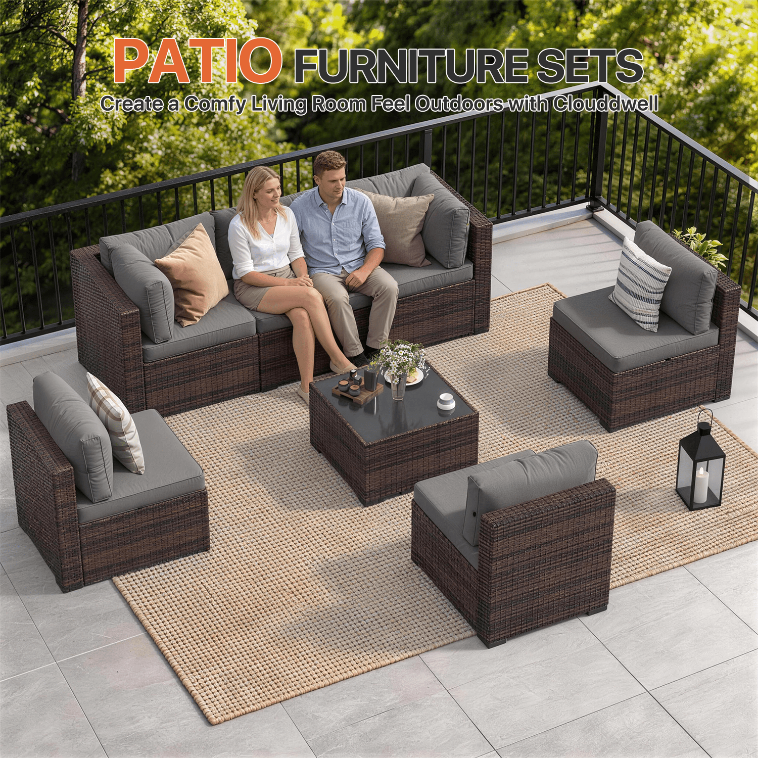Dateyes 7-Piece Outdoor Patio Sectional Sofa Set, All-Weather Wicker Rattan Furniture with Coffee Table & Waterproof Cover (Grey)