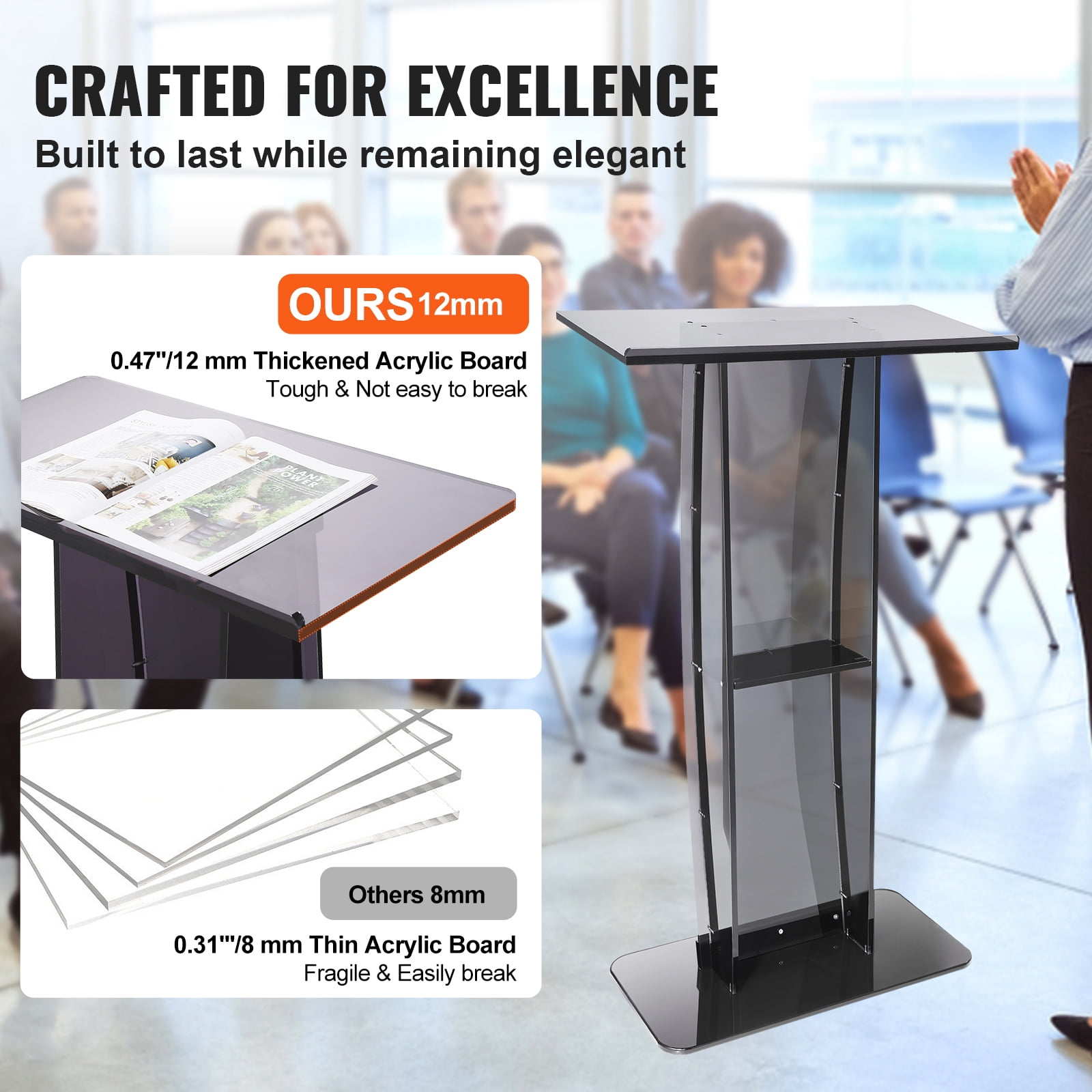 KFFKFF Acrylic Lectern 47 Inch Acrylic Lectern Stand Reading Surface Storage Rack Black