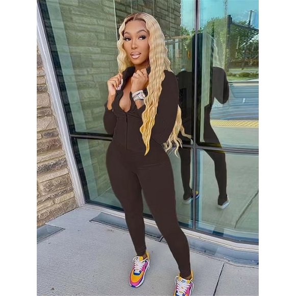 Women's Autumn Activewear Two-Piece Set: Long Sleeve Hooded Jacket with Zipper Pockets and Coordinating Stretch Leggings
