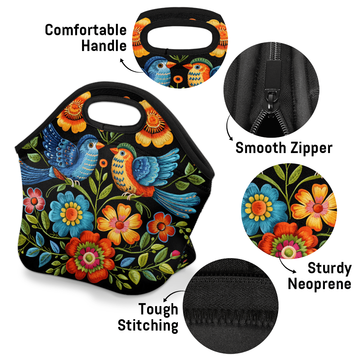 Herdesigns Floral Bird Neoprene Lunch Bag, Vintage Boho Floral Insulated Lunch Box for Women Men Washable Lunch Tote Soft Lunch Container With Zipper for Work Picnic Travel