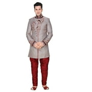 Traditional Gray Brocade Silk Indian Wedding Sherwani For Men. This product is custom made to order.