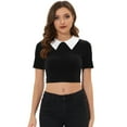 thumbnail image 1 of INSPIRE CHIC Women's Contrast Collar Short Sleeve Velvet Crop Tops Black S, 1 of 5