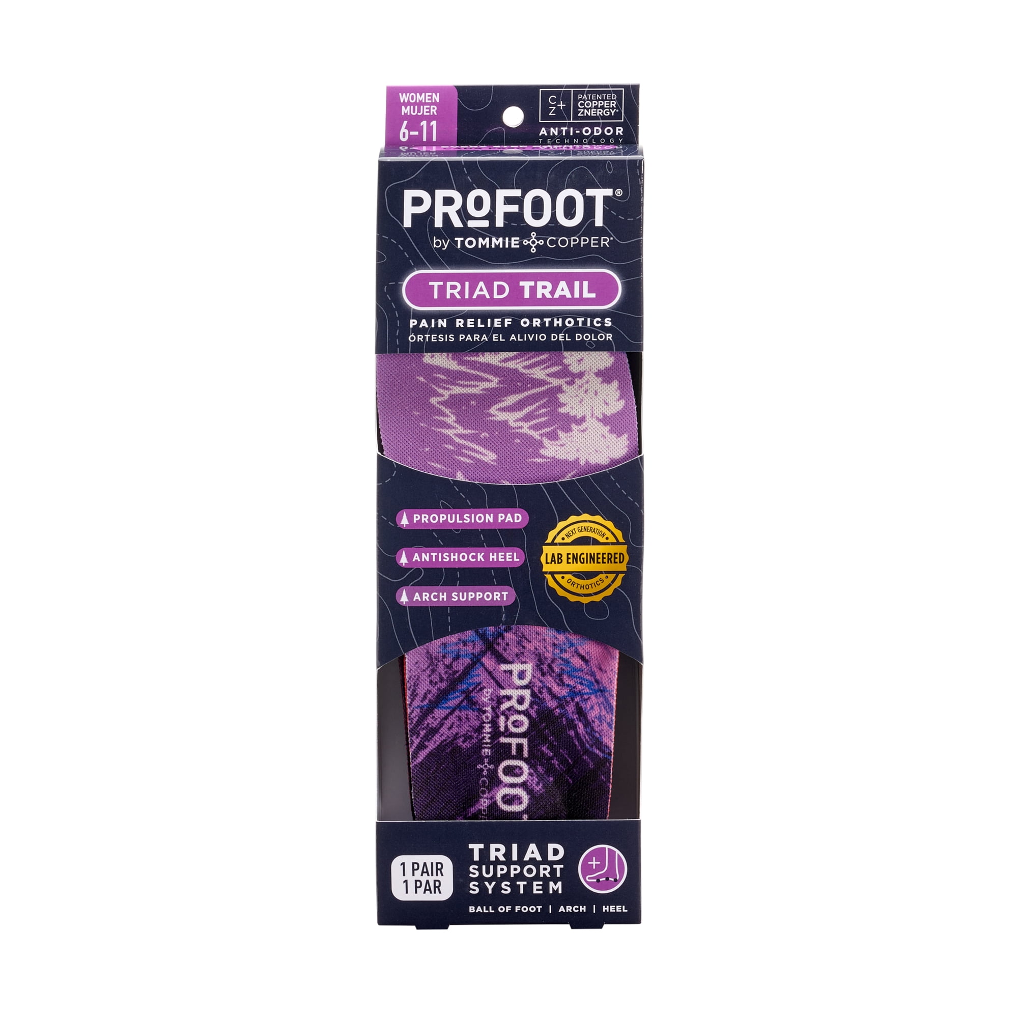 ProFoot Triad Trail Insoles Women's Size 6-11 – Hiking Pain Relief Orthotics, Arch and Ball of Foot Support, Propulsion Pad, Anti-Shock Heel, Triad Support System